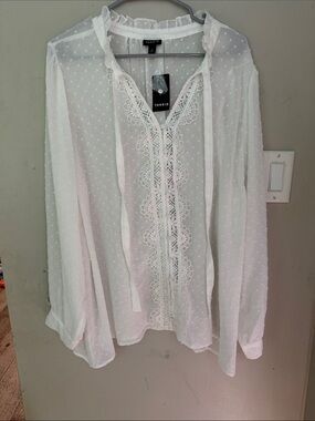 torrid White Swiss Dot Lace-Front Tie Blouse